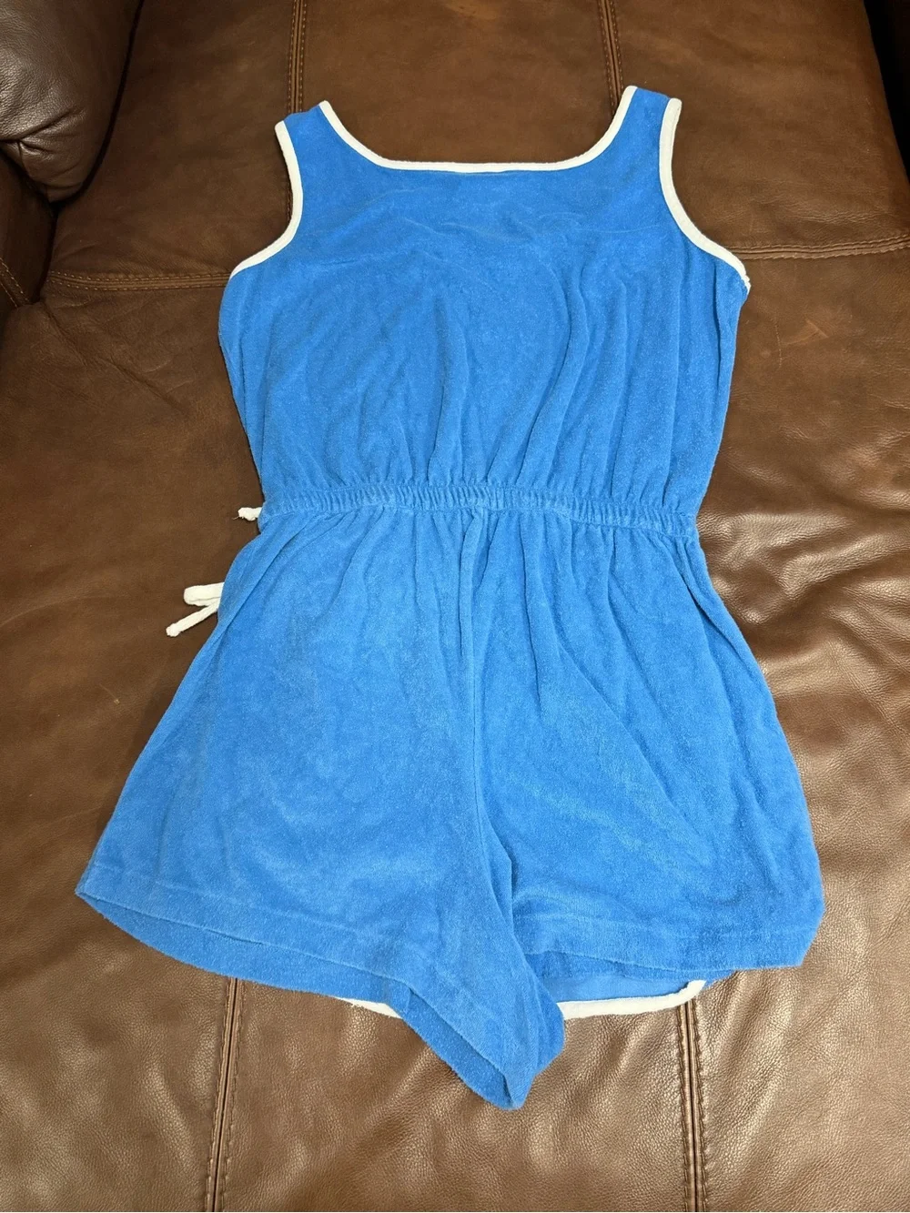 Classic Blue lg Terry elastic waist jumper skort w/ White Trim vintage! #131